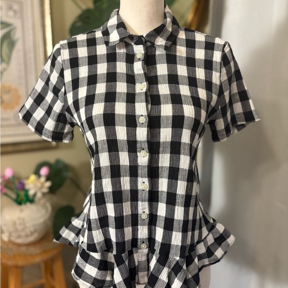 Madewell Black and White Plaid Gingham Button-Down Ruffle Peplum Shirt - Picture 2 of 9